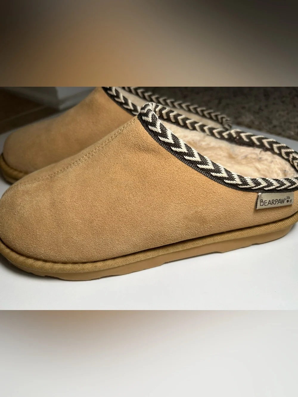 BearPaw Tan Suede Faux-Shearling Slip-On Slippers with Black & White Trim